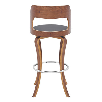 29" Gray And Brown Faux Leather And Fabric And Wood Bar Height Swivel Bar Chair