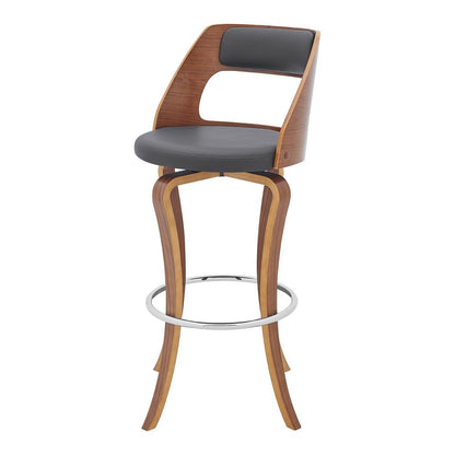 29" Gray And Brown Faux Leather And Fabric And Wood Bar Height Swivel Bar Chair
