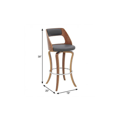 29" Gray And Brown Faux Leather Swivel Bar Height Bar Chair