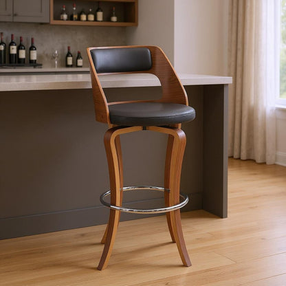 29" Gray And Brown Faux Leather And Fabric And Wood Bar Height Swivel Bar Chair