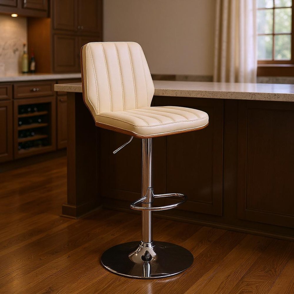 25" Cream And Silver Faux Leather And Steel Swivel Adjustable Height Bar Chair