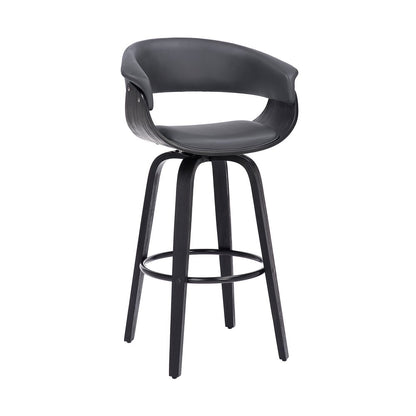 27" Gray And Black Faux Leather And Fabric And Solid Wood Low Back Counter Height Swivel Bar Chair