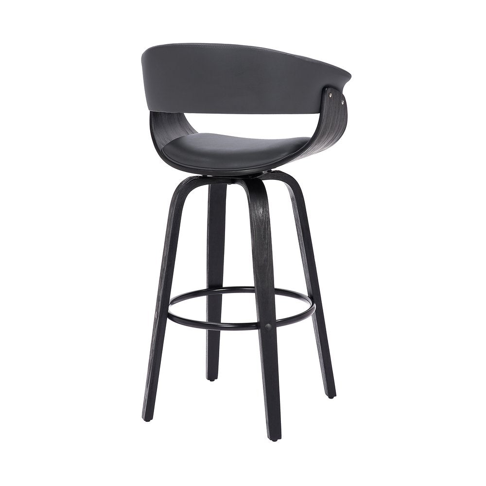 27" Gray And Black Faux Leather And Fabric And Solid Wood Low Back Counter Height Swivel Bar Chair