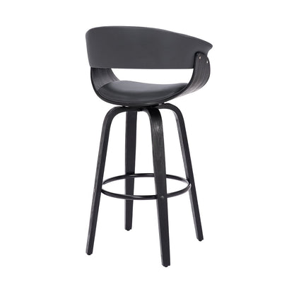 27" Gray And Black Faux Leather And Fabric And Solid Wood Low Back Counter Height Swivel Bar Chair