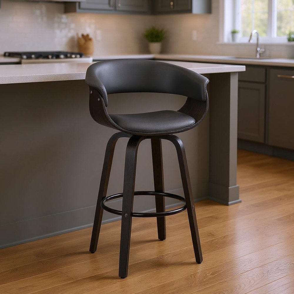 27" Gray And Black Faux Leather And Solid Wood Swivel Low Back Counter Height Bar Chair