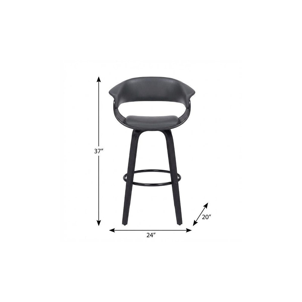 27" Gray And Black Faux Leather And Solid Wood Swivel Low Back Counter Height Bar Chair