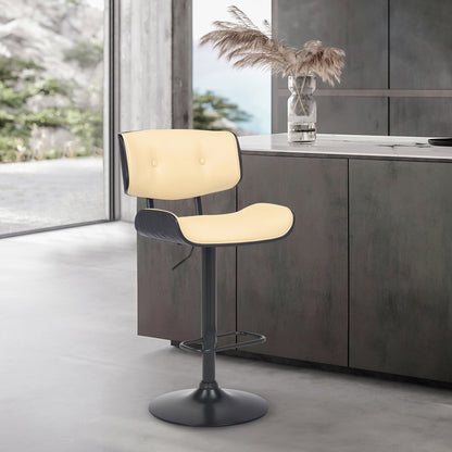 Cream and Black Fabric and Iron Adjustable Height Swivel Bar Chair