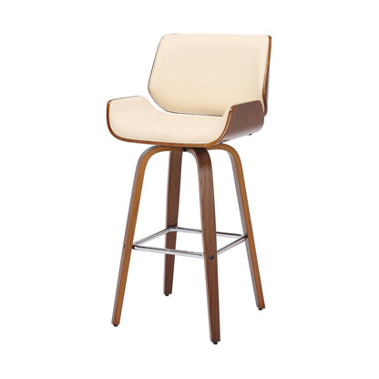 26" Cream And Brown Faux Leather And Fabric And Solid Wood Counter Height Swivel Bar Chair
