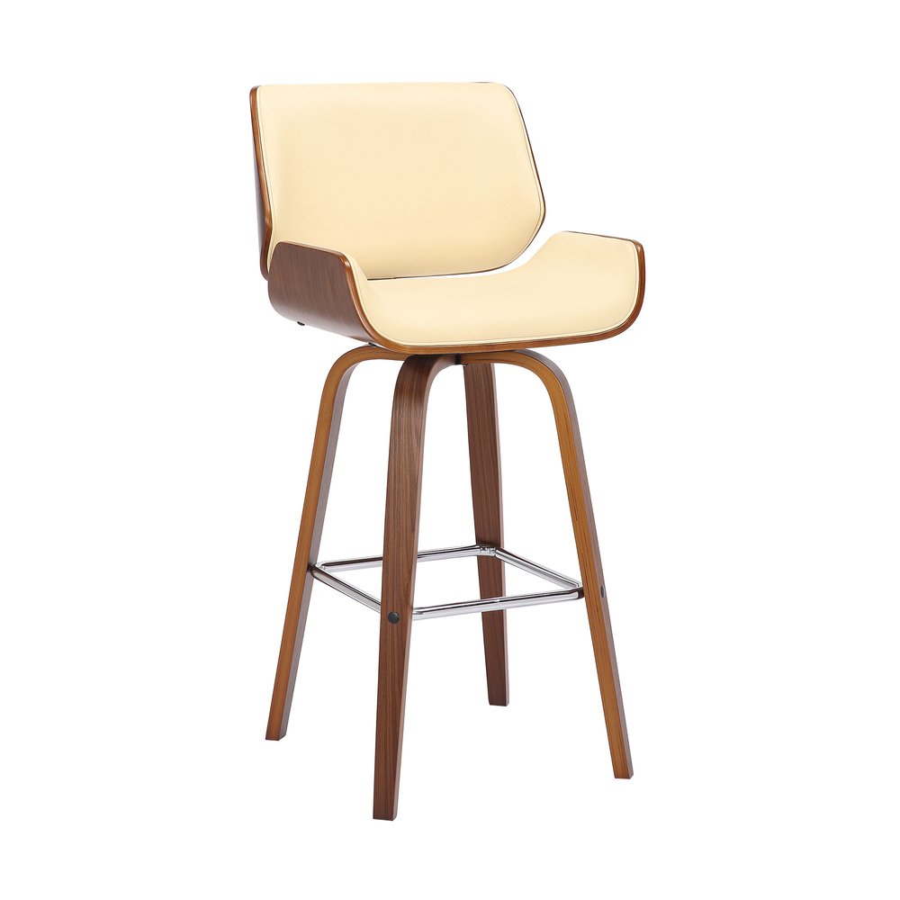 26" Cream And Brown Faux Leather And Fabric And Solid Wood Counter Height Swivel Bar Chair