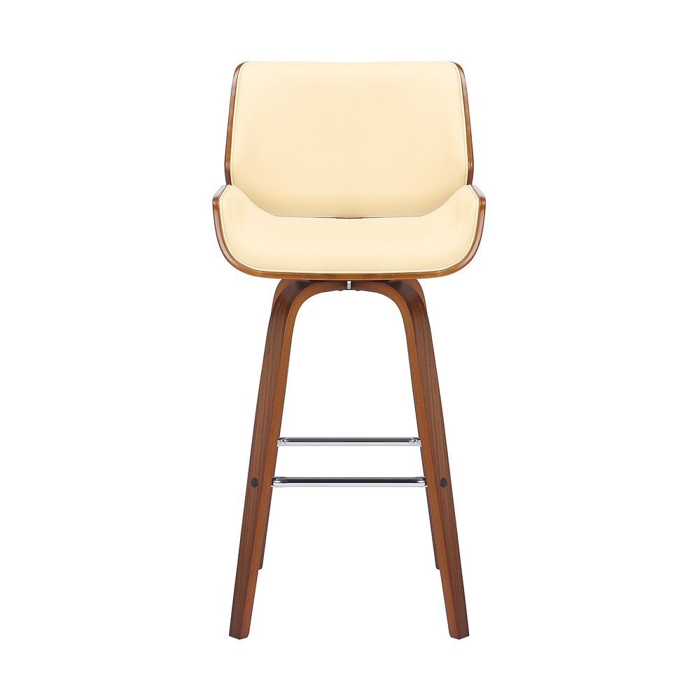 26" Cream And Brown Faux Leather And Fabric And Solid Wood Counter Height Swivel Bar Chair