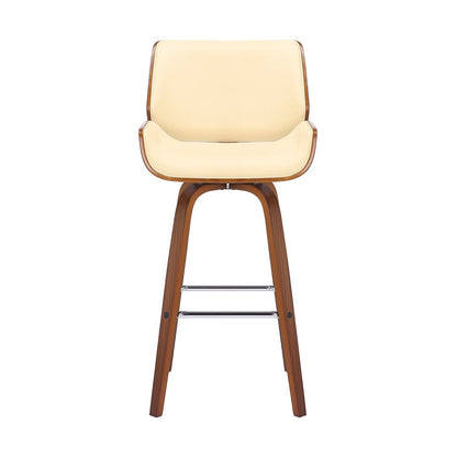 26" Cream And Brown Faux Leather And Fabric And Solid Wood Counter Height Swivel Bar Chair