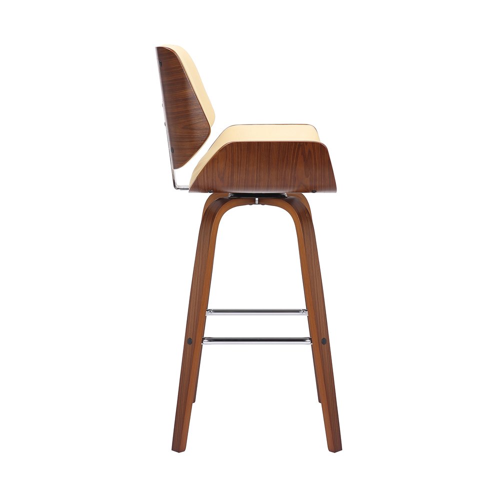 26" Cream And Brown Faux Leather And Fabric And Solid Wood Counter Height Swivel Bar Chair