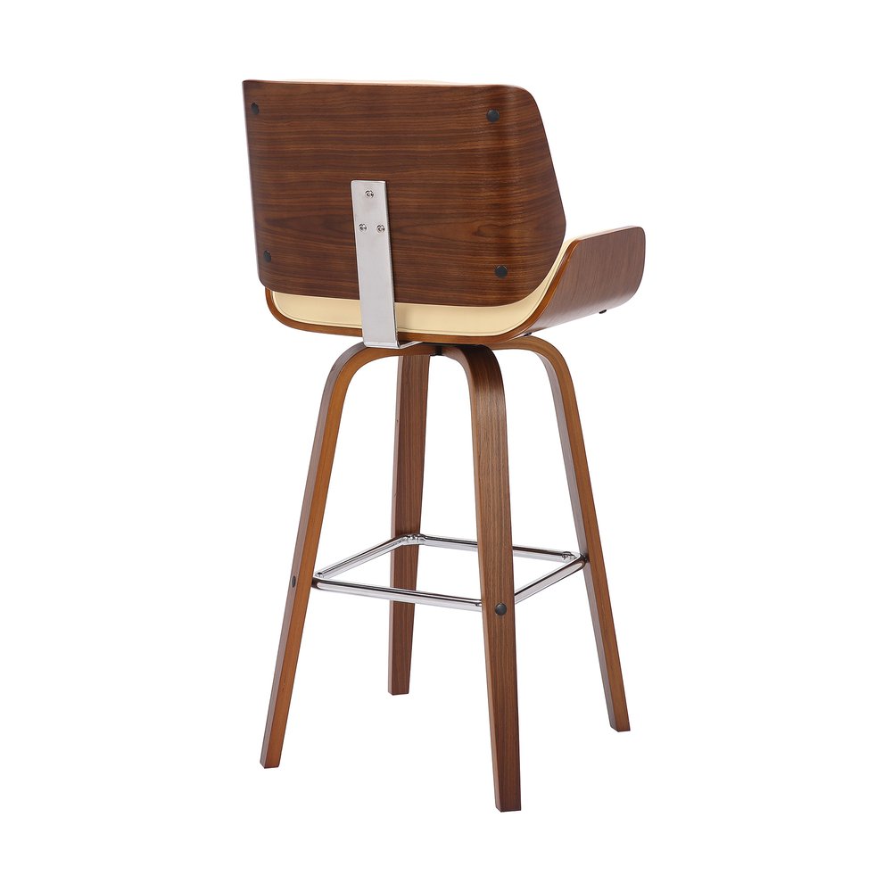 26" Cream And Brown Faux Leather And Fabric And Solid Wood Counter Height Swivel Bar Chair