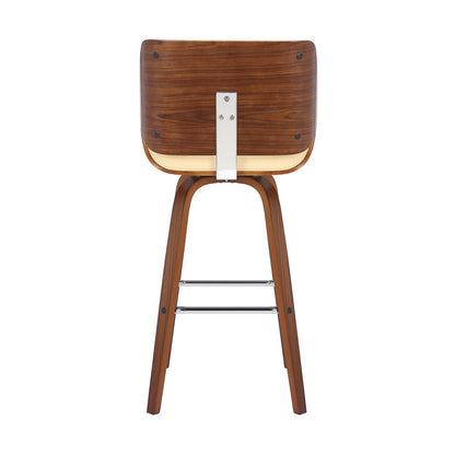26" Cream And Brown Faux Leather And Fabric And Solid Wood Counter Height Swivel Bar Chair