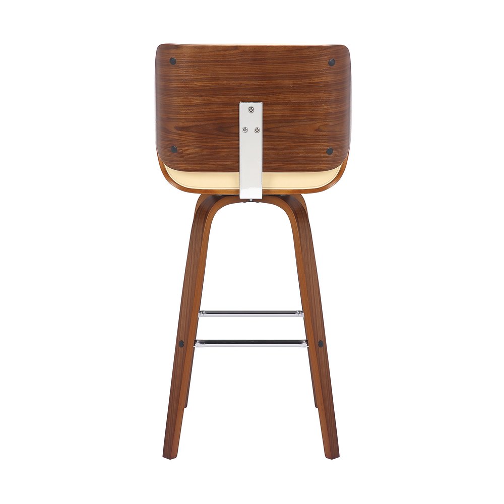 26" Cream And Brown Faux Leather And Fabric And Solid Wood Counter Height Swivel Bar Chair