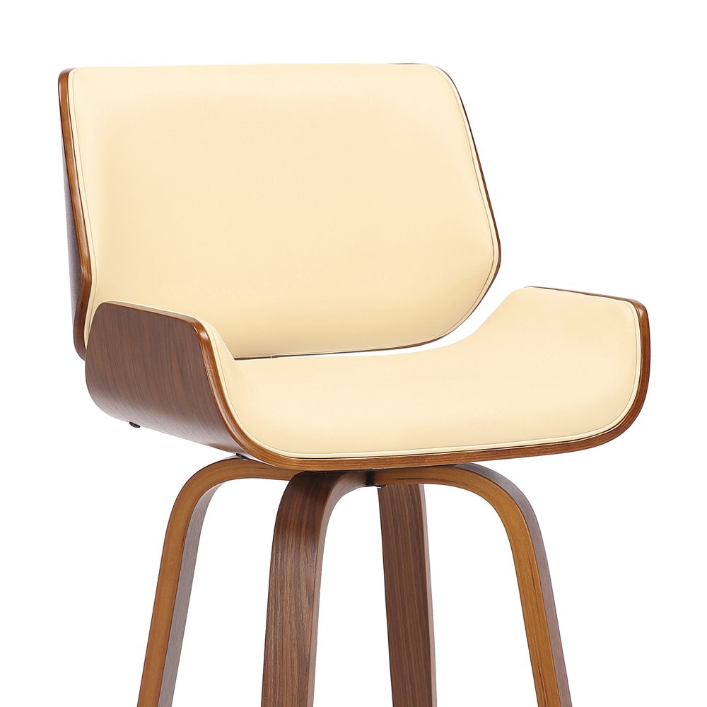 26" Cream And Brown Faux Leather And Fabric And Solid Wood Counter Height Swivel Bar Chair