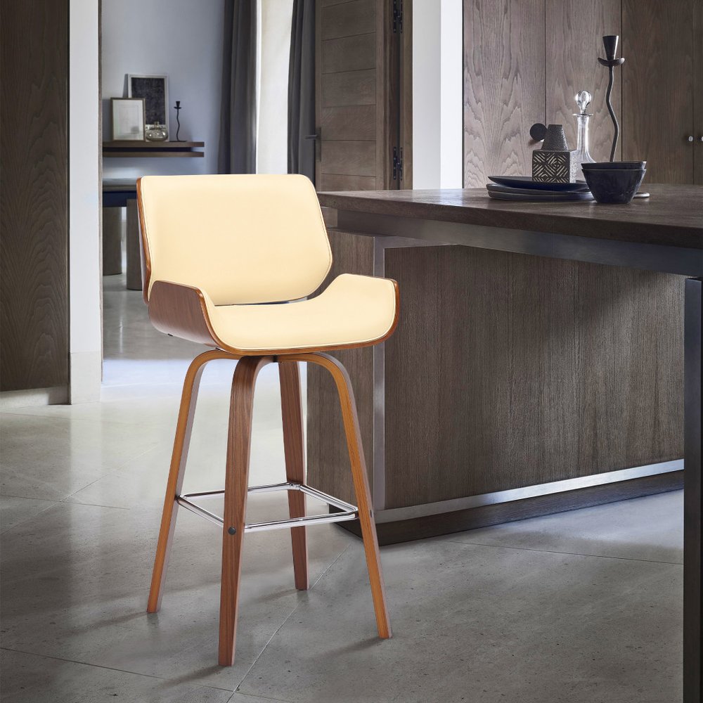 26" Cream And Brown Faux Leather And Fabric And Solid Wood Counter Height Swivel Bar Chair