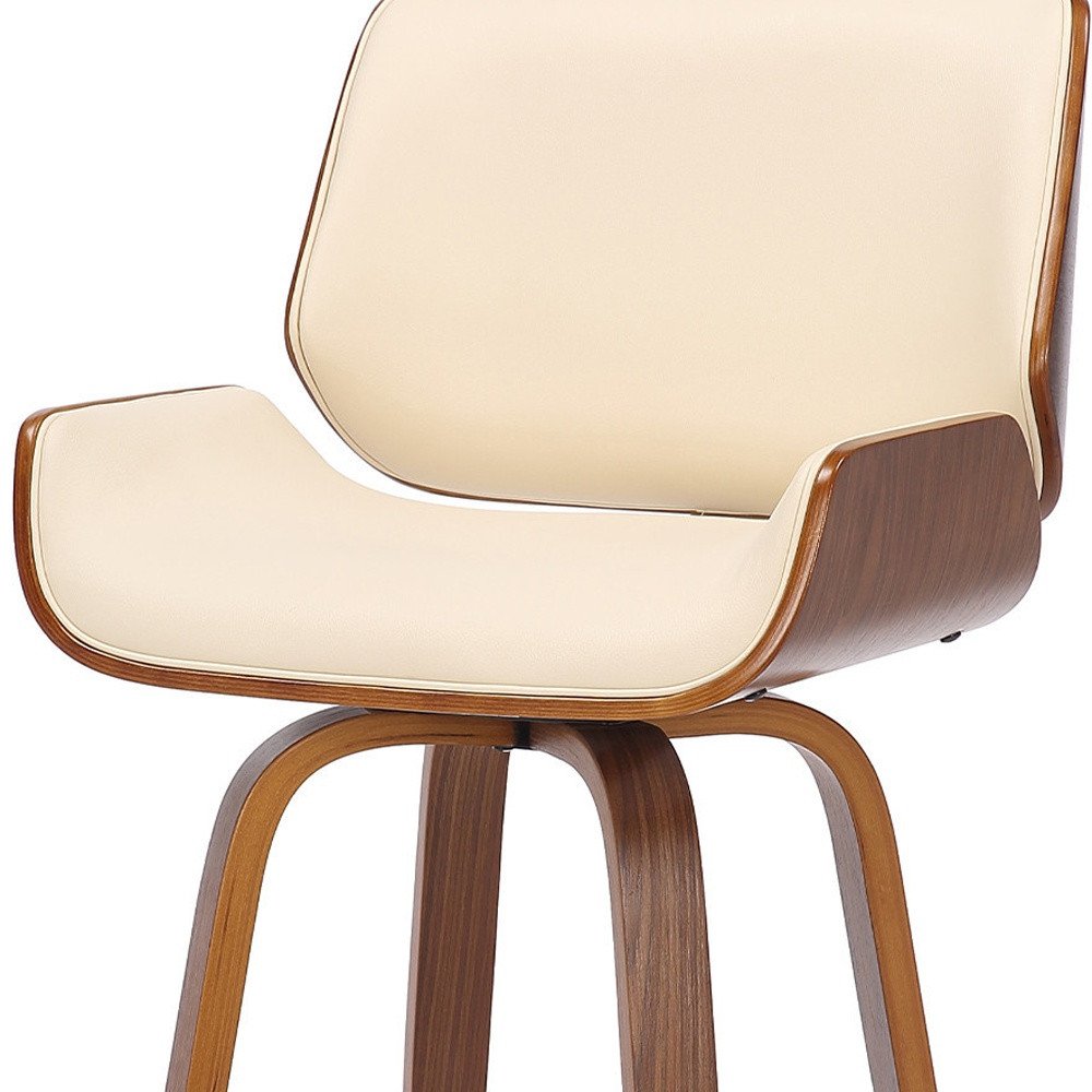 26" Cream And Brown Faux Leather And Fabric And Solid Wood Counter Height Swivel Bar Chair