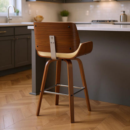 26" Cream And Brown Faux Leather And Fabric And Solid Wood Counter Height Swivel Bar Chair