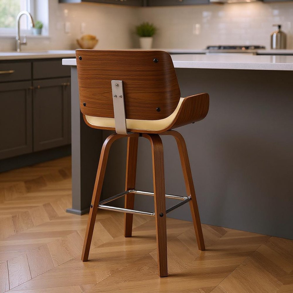 26" Cream And Brown Faux Leather And Solid Wood Swivel Counter Height Bar Chair