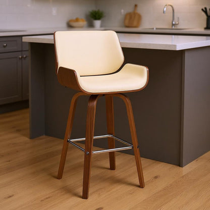 26" Cream And Brown Faux Leather And Solid Wood Swivel Counter Height Bar Chair