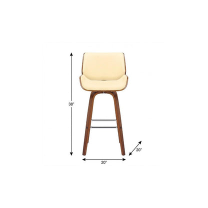 26" Cream And Brown Faux Leather And Solid Wood Swivel Counter Height Bar Chair