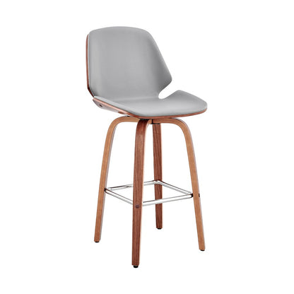 26" Gray And Brown Fabric And Wood Counter Height Swivel Bar Chair