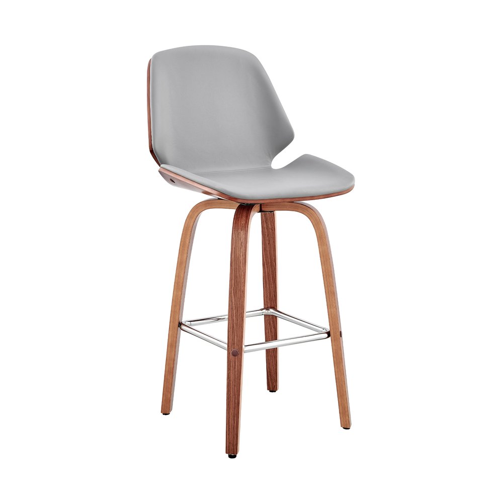 26" Gray And Brown Fabric And Wood Counter Height Swivel Bar Chair