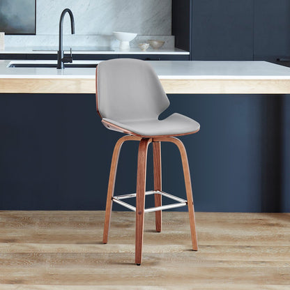 26" Gray And Brown Fabric And Wood Counter Height Swivel Bar Chair