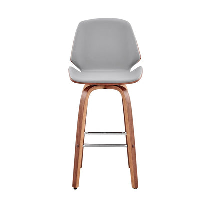 26" Gray And Brown Fabric And Wood Counter Height Swivel Bar Chair