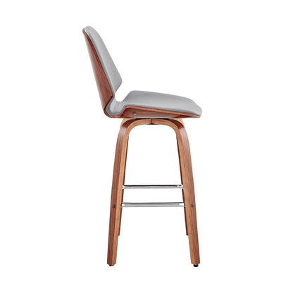 26" Gray And Brown Fabric And Wood Counter Height Swivel Bar Chair