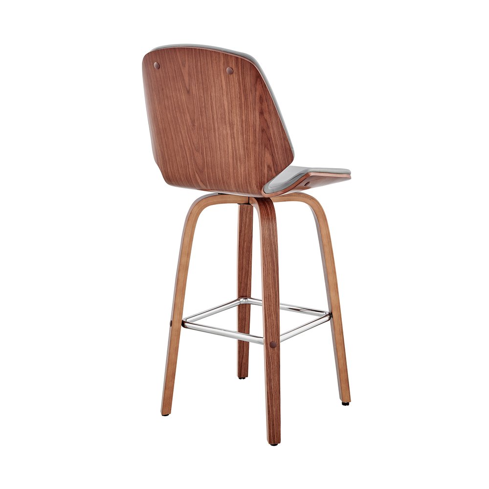 26" Gray And Brown Fabric And Wood Counter Height Swivel Bar Chair