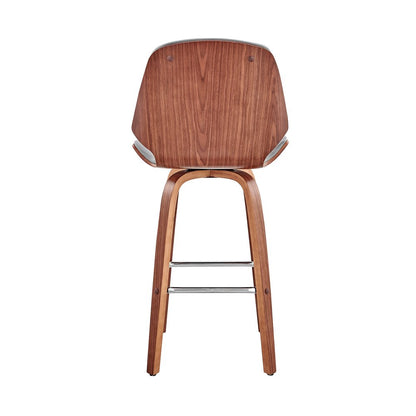 26" Gray And Brown Fabric And Wood Counter Height Swivel Bar Chair
