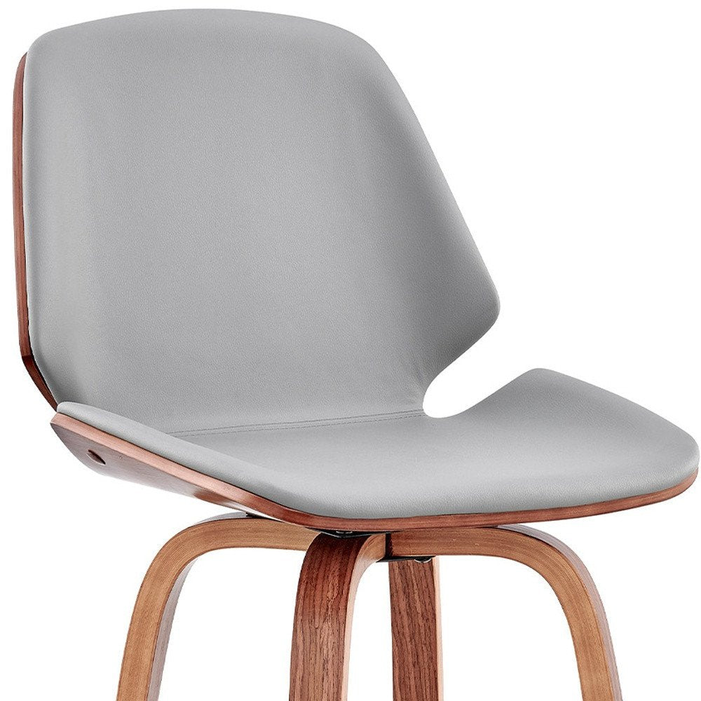 26" Gray And Brown Fabric And Wood Counter Height Swivel Bar Chair