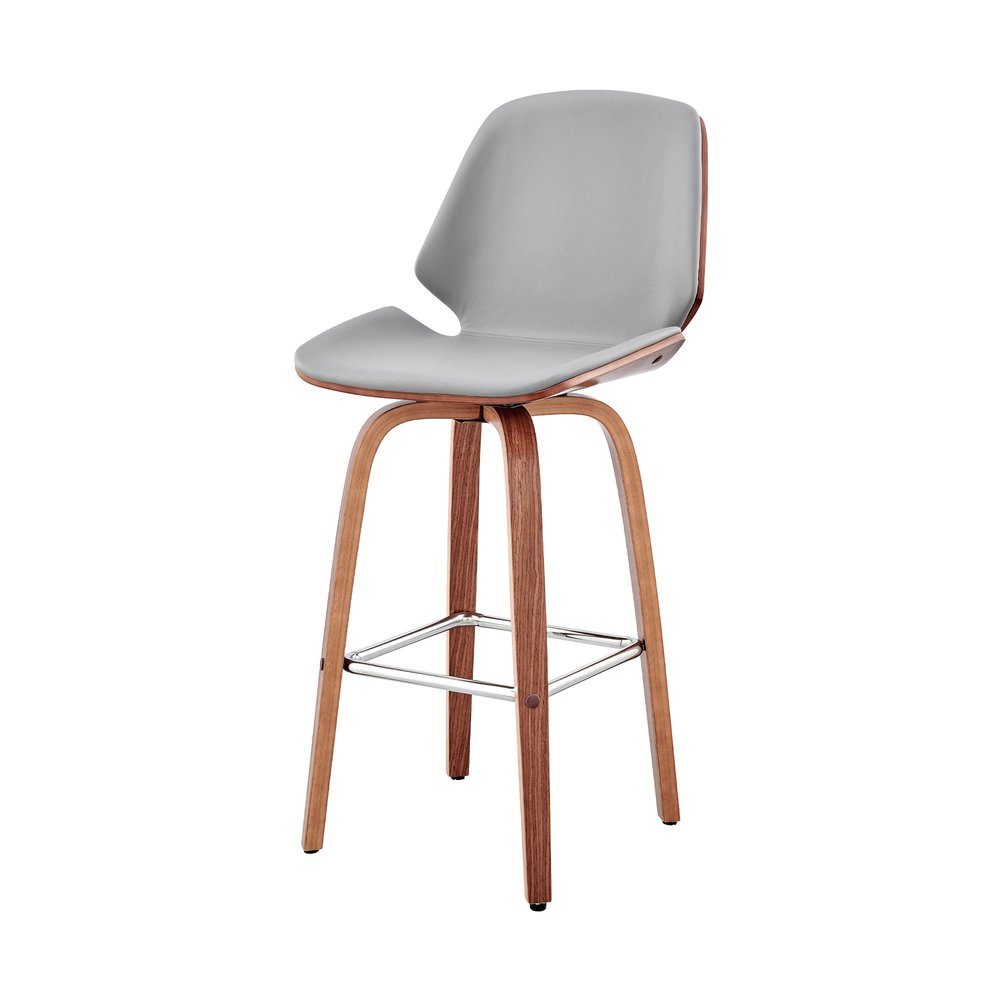 26" Gray And Brown Fabric And Wood Counter Height Swivel Bar Chair
