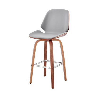 26" Gray And Brown Fabric And Wood Counter Height Swivel Bar Chair