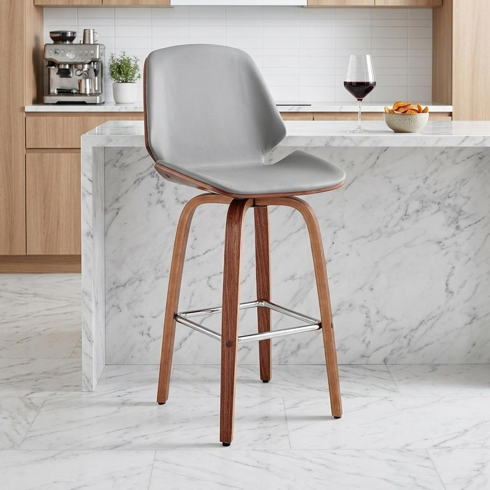 26" Gray And Brown Swivel Counter Height Bar Chair