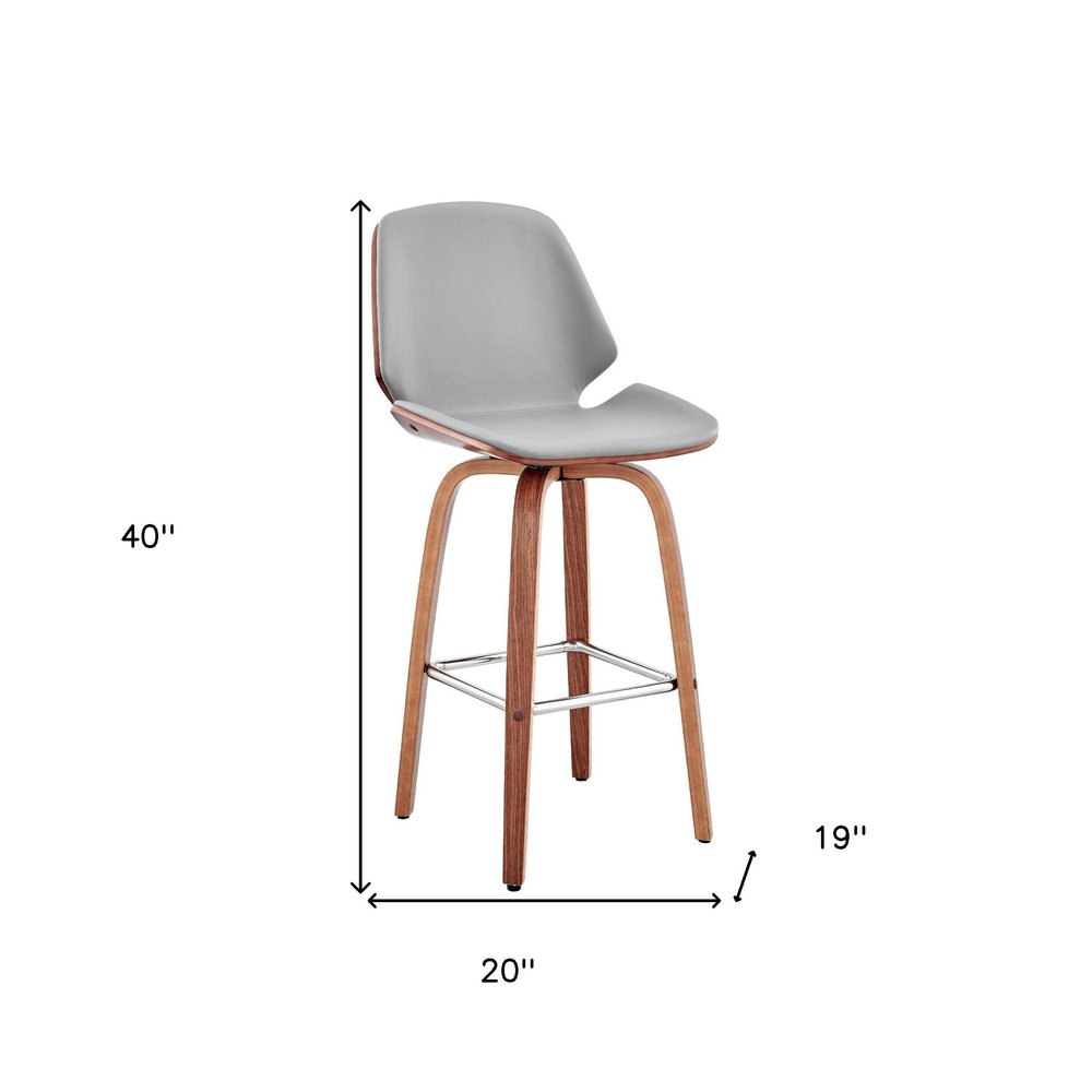 26" Gray And Brown Fabric And Wood Counter Height Swivel Bar Chair