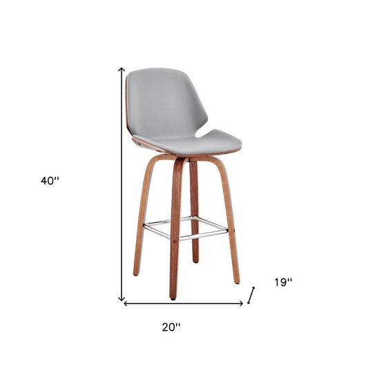 26" Gray And Brown Fabric And Wood Counter Height Swivel Bar Chair