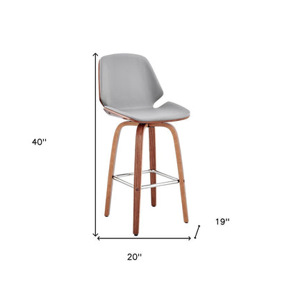 26" Gray And Brown Fabric And Wood Counter Height Swivel Bar Chair
