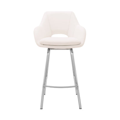 30" White And Silver Fabric And Iron Low Back Bar Height Swivel Bar Chair