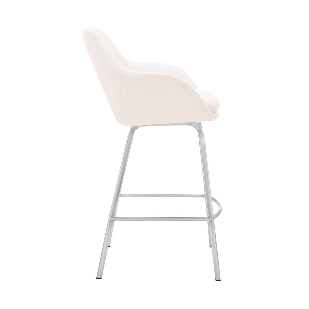 30" White And Silver Fabric And Iron Low Back Bar Height Swivel Bar Chair