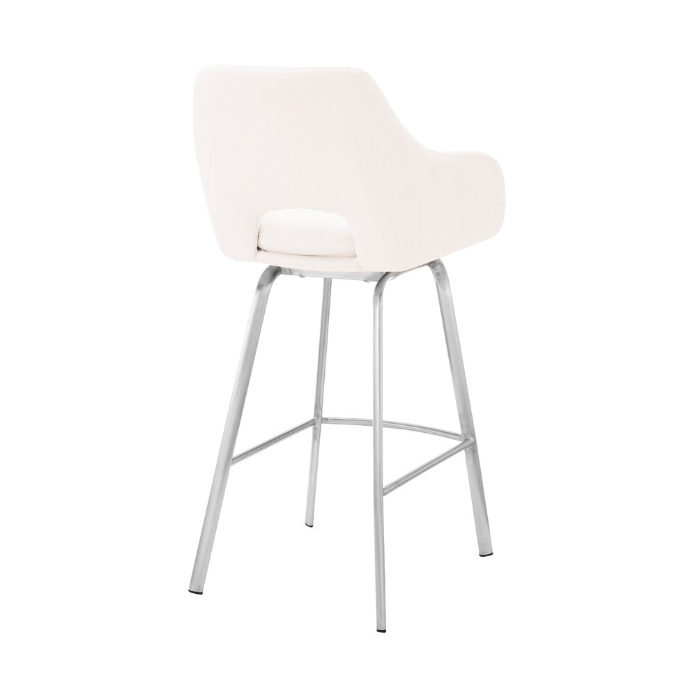 30" White And Silver Fabric And Iron Low Back Bar Height Swivel Bar Chair