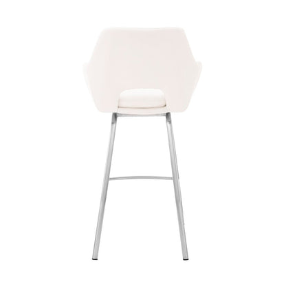 30" White And Silver Fabric And Iron Low Back Bar Height Swivel Bar Chair