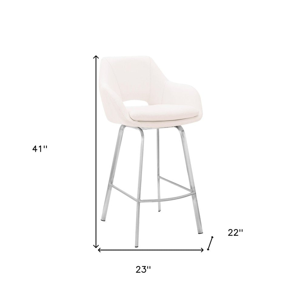 30" White And Silver Fabric And Iron Low Back Bar Height Swivel Bar Chair