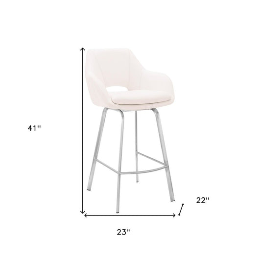 30" White And Silver Fabric And Iron Low Back Bar Height Swivel Bar Chair