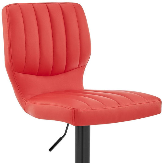 Red And Black Fabric And Faux Leather And Iron Adjustable Height Swivel Bar Chair