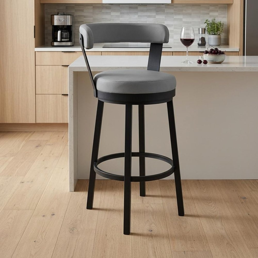 26" Gray and Black Fabric and Iron Counter Height Swivel Bar Chair