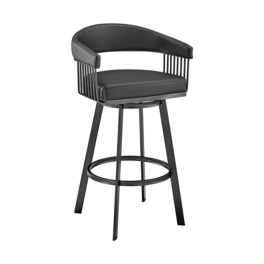 26" Black Faux Leather And Iron Low Back Counter Height Swivel Bar Chair