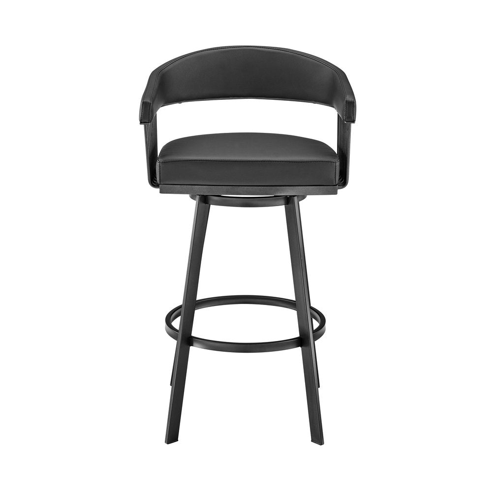 26" Black Faux Leather And Iron Low Back Counter Height Swivel Bar Chair